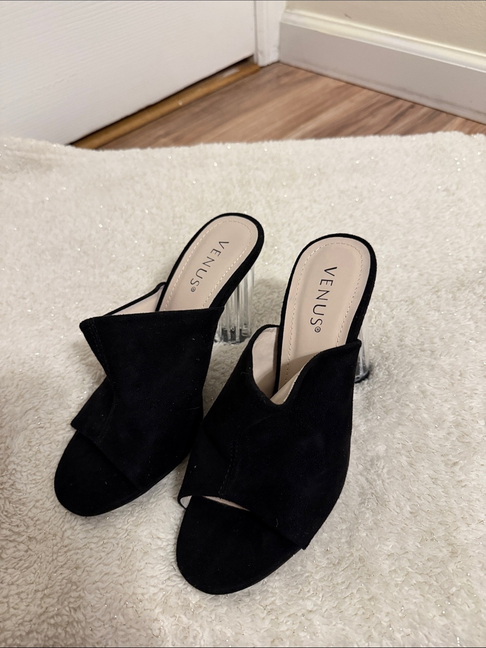 VENUS Black Suede Open-Toe Mules with Clear Block Heel size 8